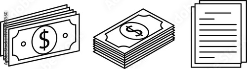 Black and white line art vector set of dollar bills stacks of cash and financial business document papers for accounting design.Black and white line art vector set of dollar bills stacks of cash and f