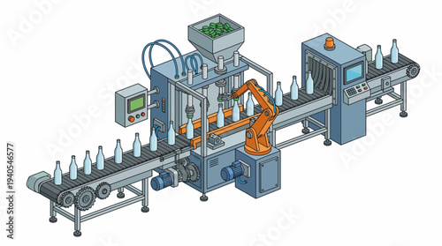 Automated Bottling and Packaging Line with Robotic Arm for Beverage Production.