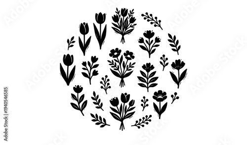 Spring botanical stamp silhouettes tulip buds and flower bouquet vector set isolated on white background