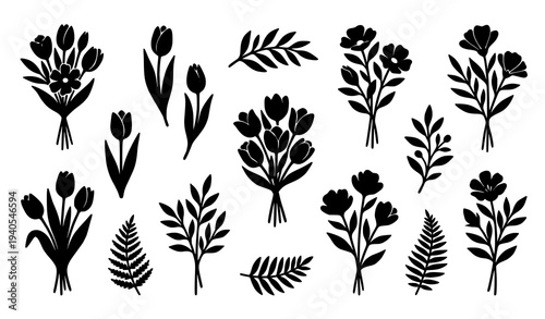 Botanical stamp silhouette set with spring flower bouquets tulip buds and floral elements vector