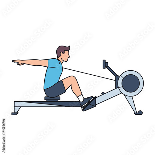 Man Rowing Machine Workout - Fitness Exercise Vector Illustration