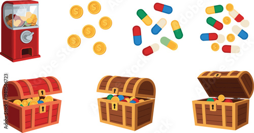 Capsule Toy Machine Coins Pills and Treasure Chest Collection Flat Vector Illustration Set