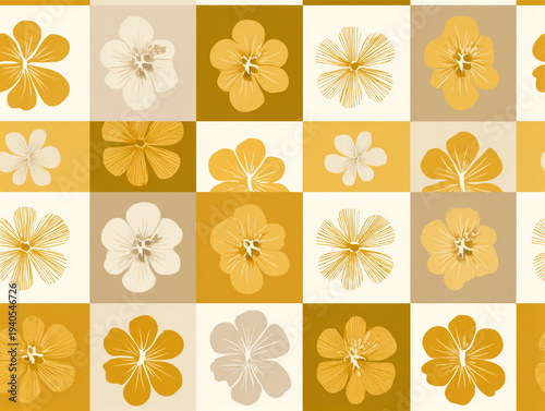 This mid-century modern abstract pattern features blocky flowers, leaves, and geometric shapes in a textured linen style. The color palette includes mustard yellow, beige, black, and white.
