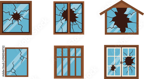 Broken House Windows Collection Cracked and Shattered Glass Window Frames Flat Vector Illustration Set