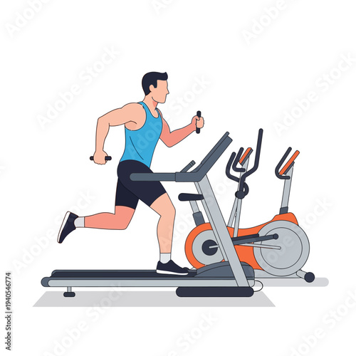 Man running on treadmill, exercising at gym with stationary bike