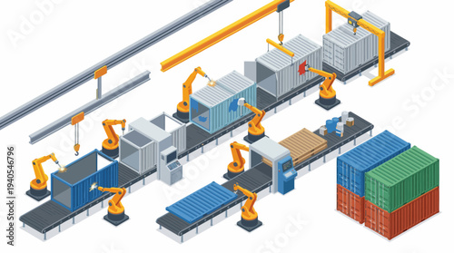 Automated industrial manufacturing and logistics system with robotic arms and conveyor belts for product assembly and packaging.