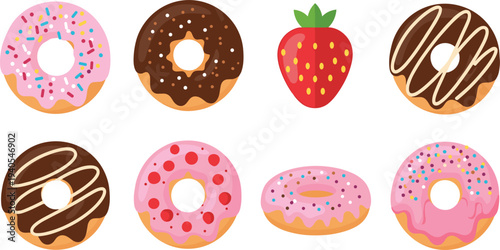 Colorful Donuts and Strawberry Sweet Dessert Collection Flat Vector Illustration Set Isolated on White Background