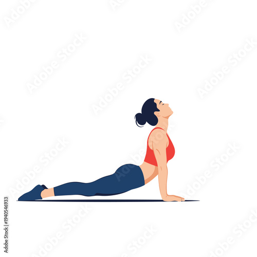 Woman doing yoga cobra pose on mat, healthy lifestyle, fitness exercise, white background