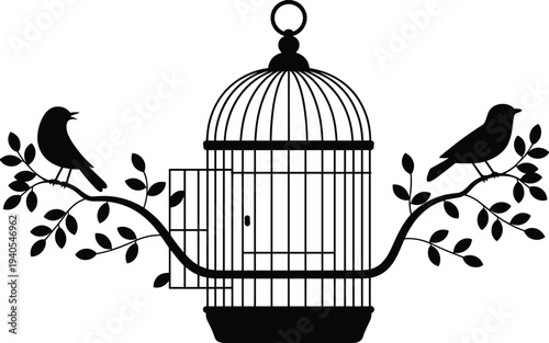 Two black birds perched on branches with an empty birdcage in the center leaves