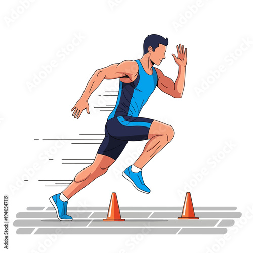 Athlete Running Fast Sprinting Track Training Cones Speed Motion Lines