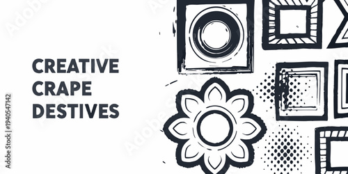 Abstract black and white shapes with handwritten creative crepe destives text