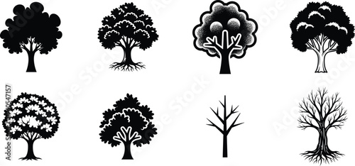 Collection of various tree silhouettes on white background
