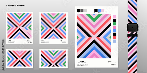 Geometric patterns and color schemes displayed as framed prints and on a strap
