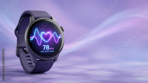 Wallpaper Mural Stylish round smartwatch displaying live heart rate 78 BPM with neon heart pulse waveform, wearable fitness tracker in purple lifestyle scene Torontodigital.ca