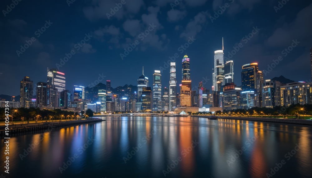 Fototapeta premium At night, the modern metropolitan skyline features illuminated skyscrapers, urban architecture, and long-exposed reflections of river water.
