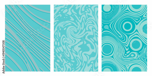 Abstract turquoise patterns presented as a triptych of flowing designs