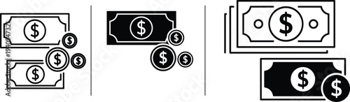 Black and white silhouette vector set of paper money bills and coins with dollar symbols for financial business design.Black and white silhouette vector set of paper money bills and coins with dollar 