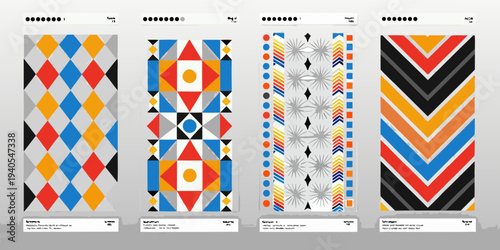 Four colorful geometric patterns displayed vertically on a light background