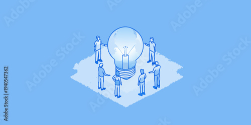 Team collaboration centered around a glowing lightbulb concept illustration