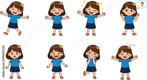 Set of cute little girl character showing different emotions and expressions like happy, sad, surprised, confused, laughing and crying icons.