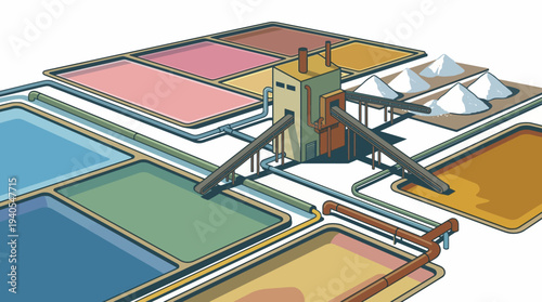 An illustration of a salt evaporation pond system with a central processing unit and various colored ponds.