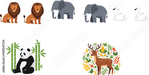 Set of flat vector wild animals including lion elephant panda swan and deer with floral elements isolated on white background