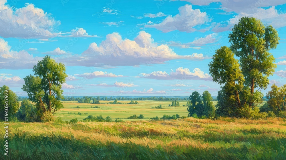 Obraz premium Serene landscape with lush green trees and vast field under blue sky
