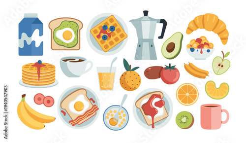 Assorted breakfast food and drinks flat coffee toast