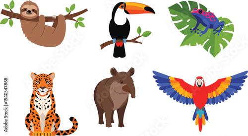 Tropical Rainforest Animal Vector Collection featuring Jaguar, Sloth, Toucan, Scarlet Macaw, Tapir, and Poison Dart Frog on White Background for Wildlife Illustration
