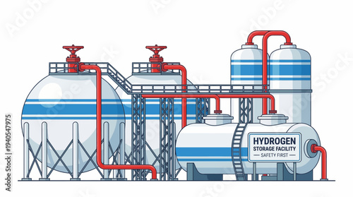 Illustration of a large-scale industrial hydrogen storage facility with multiple tanks and piping systems.