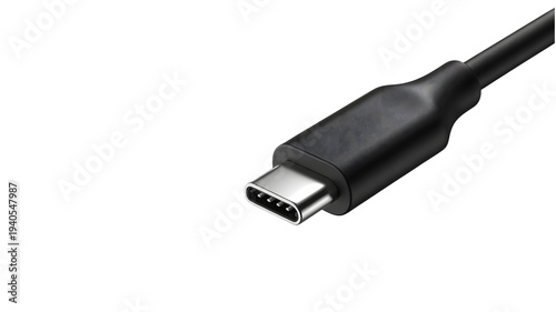 A modern black USB C type connector cable with a sleek metallic tip for data transfer and charging captured with bright studio lighting isolated on tr