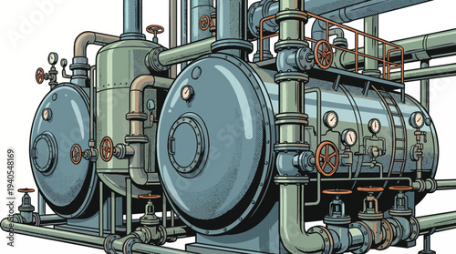 Intricate illustration of industrial machinery with pipes, valves, and pressure gauges.