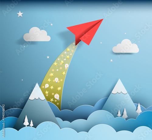 Business concept vector illustration showing a red paper airplane flying upward through a blue paper cut landscape with mountains, clouds, and stars. The glowing trail symbolizes growth, ambition, str