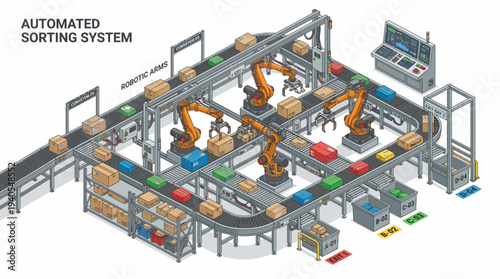 Isometric illustration of an automated sorting system with robotic arms and conveyor belts for package handling and distribution.