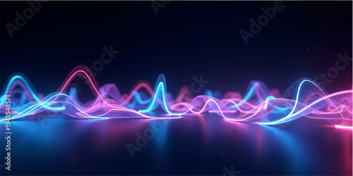 Abstract blue wave design featuring glowing neon lines and digital motion effects on a dark technology backdrop with bright light flashes and flowing energy curves in a vector art illustration