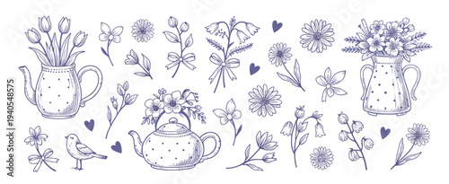 Purple floral teapots and bird flower