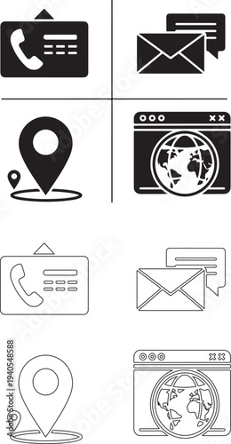 Contact details and business card icon collection. Flat and outline vector symbols for phone, email, map location, website link, fax machine and personal information elements with editable strokes..ep