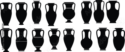  Ancient Greek and Roman Amphora Vases Silhouette Vector Collection: Historical Pottery and Ceramic Urns, Various Antique Vessel Shapes for Wine, Oil, and Grains, Isolated Black and White Graphics.