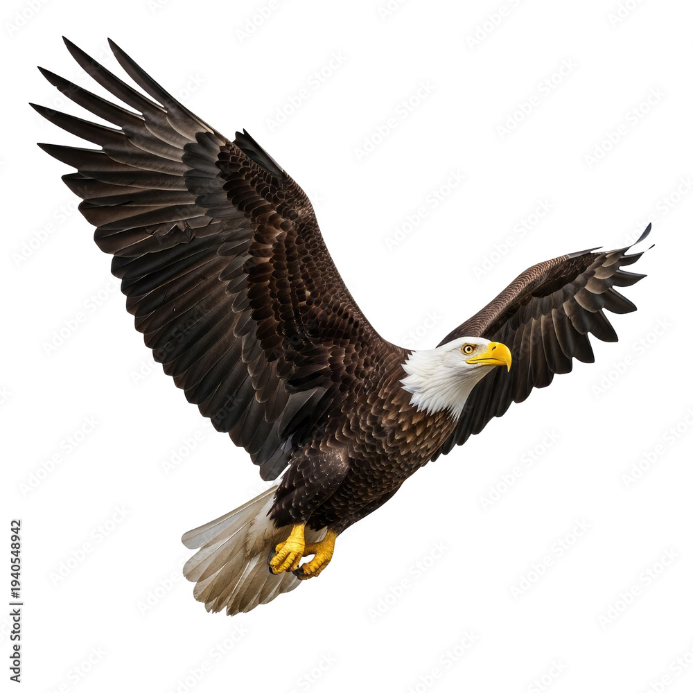 Obraz premium Bald eagle with outstretched wings in flight against a dark void isolated on a transparent background