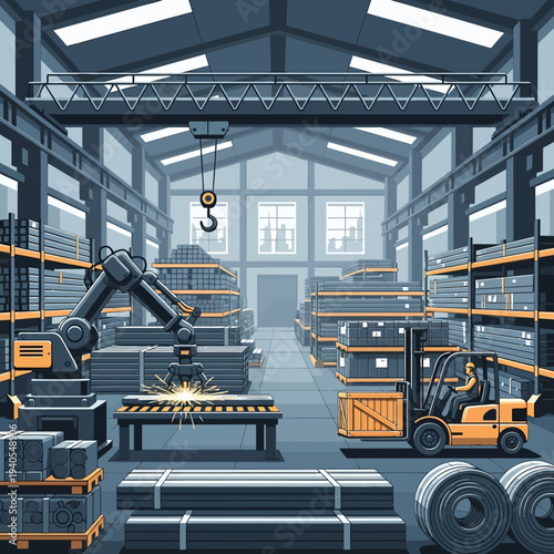 Industrial warehouse with robotic arm, forklift, and metal materials