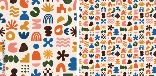 Abstract Seamless Pattern With Modern Geometric Shapes, Colorful Mid Century Inspired Background