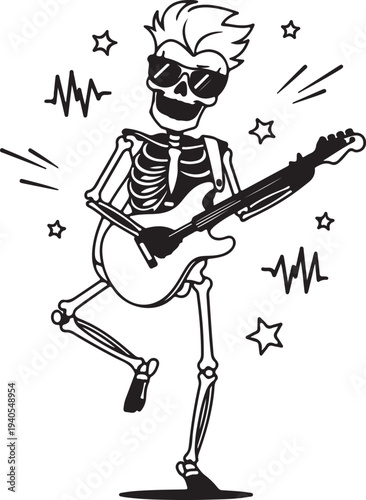 Rocking skeleton playing electric guitar with sunglasses