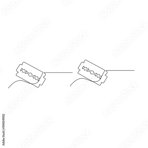 Continuous line drawing of a sharp steel razor blade on a white background
