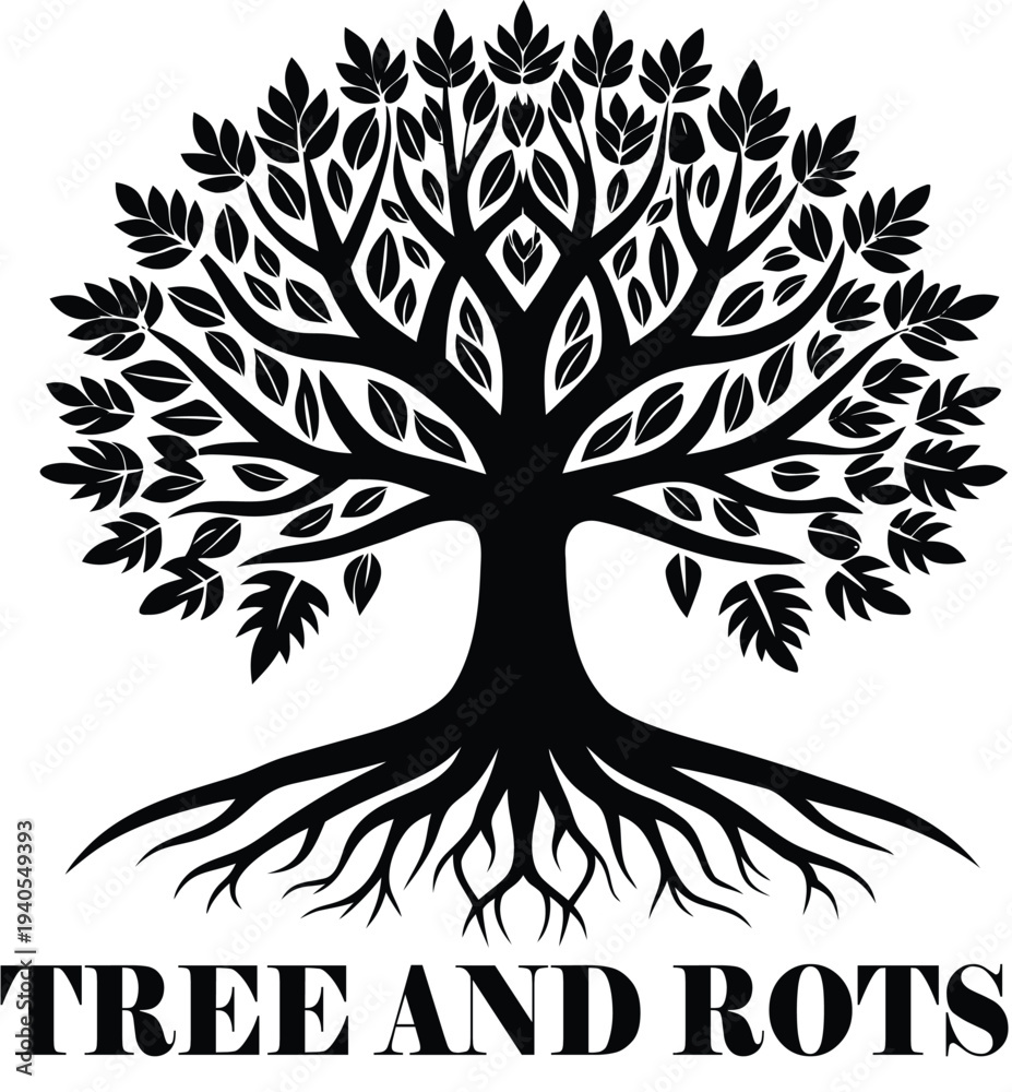Obraz premium Black silhouette tree with roots and leaves on white background with
