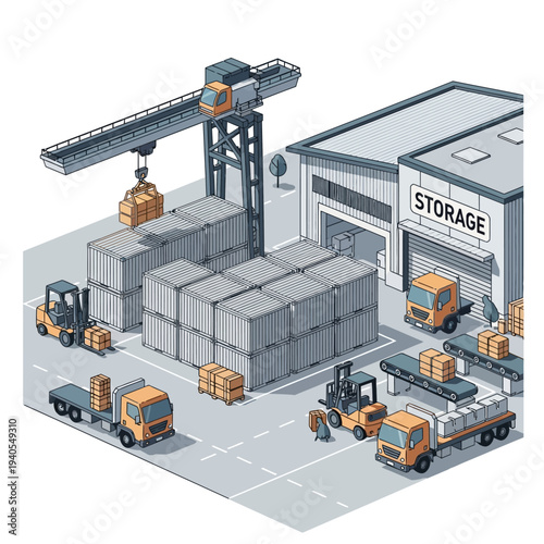Logistics warehouse with crane, forklifts, trucks, and containers. Industrial storage and delivery.
