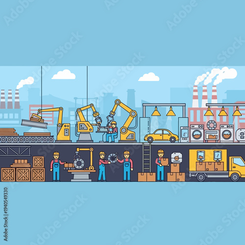 Modern Car Factory Assembly Line with Robots and Workers, Automation Concept