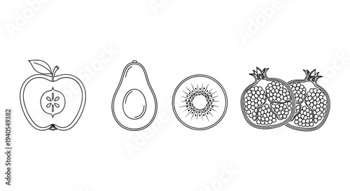 Clean Line Art Superfood and Fruit Cross-Section Icon Set