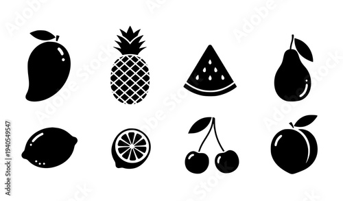 Fruit silhouette icon vector set with mango pineapple watermelon lemon cherry and peach isolated on white background