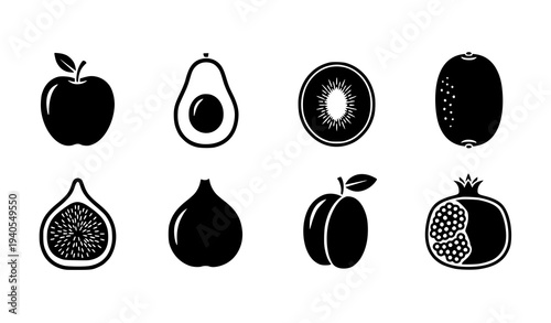 Six fruit silhouette icons vector minimalist fruit clipart collection isolated on white background
