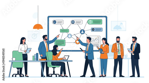 Business team collaborating on a project with a large flowchart on a whiteboard